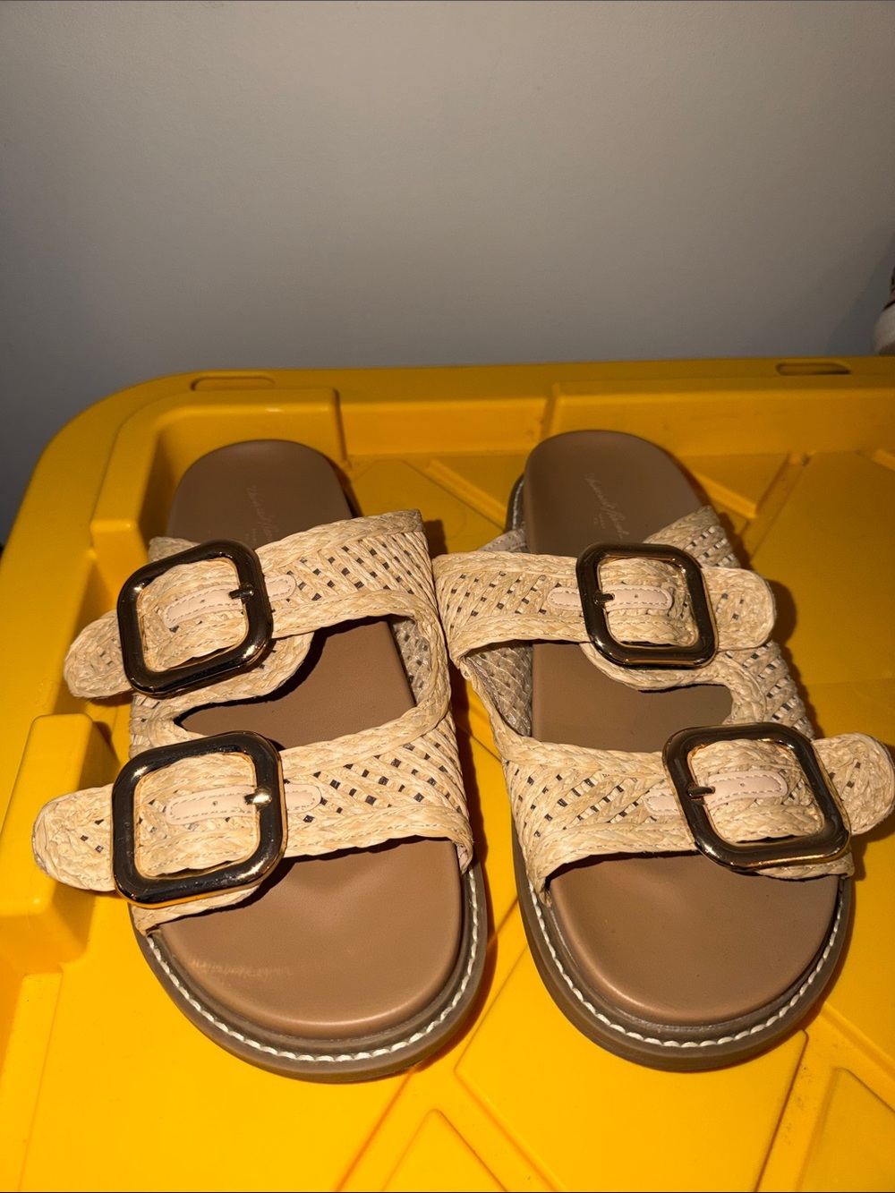 Women’s Woven Tan Slide Sandals with Buckles